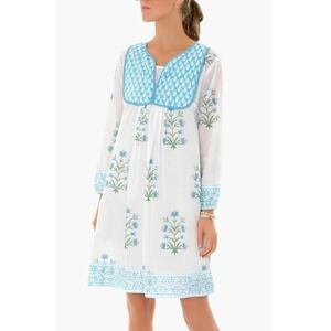 SZ Blockprints Kitty Dress Jaipur Block Print Tunic - Blue White Floral - Medium
